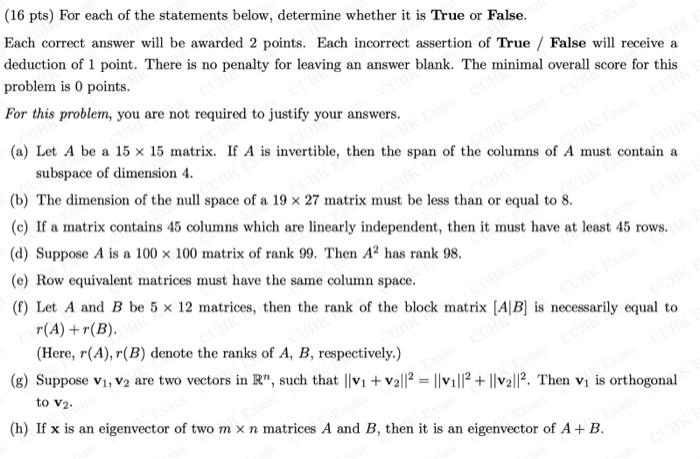16 Pts For Each Of The Statements Below Determine Whether It Is True Or False Each Correct Answer Will Be Awarded 2 1