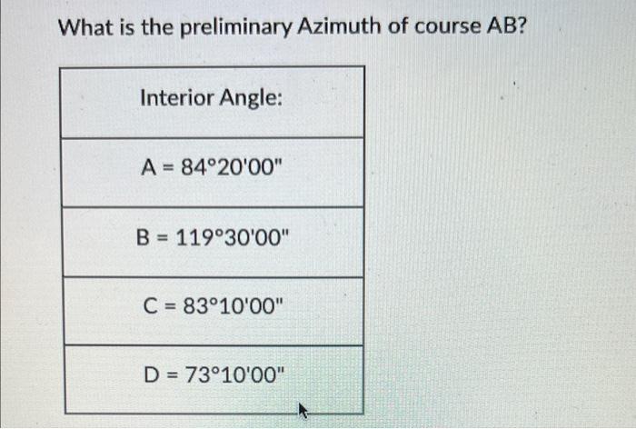 What Is The Preliminary Azimuth Of Course Ab Interior Angle A 84 20 00 B 119 30 00 C 83 10 00 D 73 10 00 1
