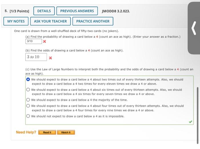 5 1 3 Points Details Previous Answers Jmodd8 3 2 023 My Notes Ask Your Teacher Practice Another One Card Is Drawn Fr 1