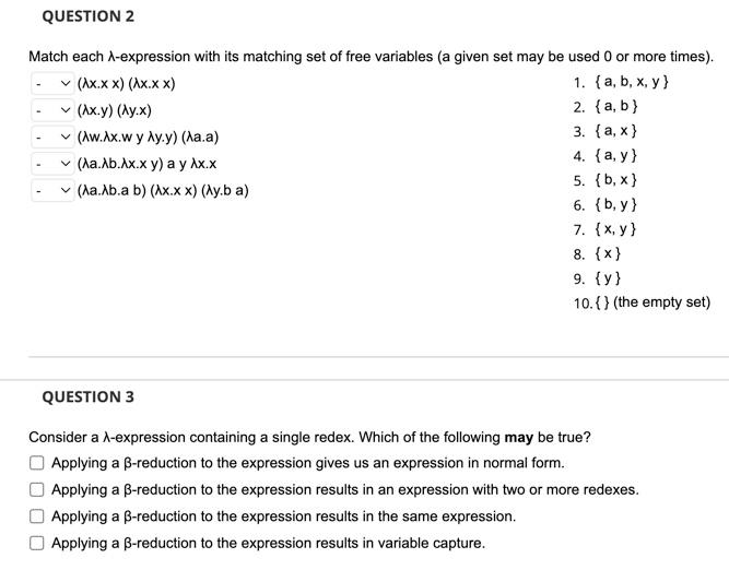 Question 2 Match Each A Expression With Its Matching Set Of Free Variables A Given Set May Be Used 0 Or More Times 1