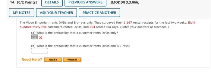 14 0 2 Points Details Previous Answers Jmodd8 3 3 066 My Notes Ask Your Teacher Practice Another The Video Emporium 1