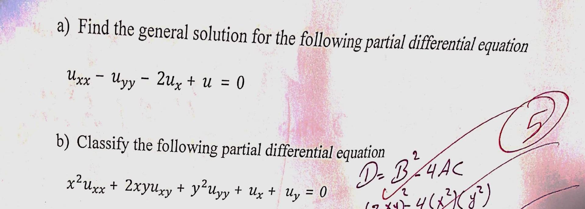 A Find The General Solution For The Following Partial Differential Equation Uxx Uyy 2ux U 0 G B Classify The 1