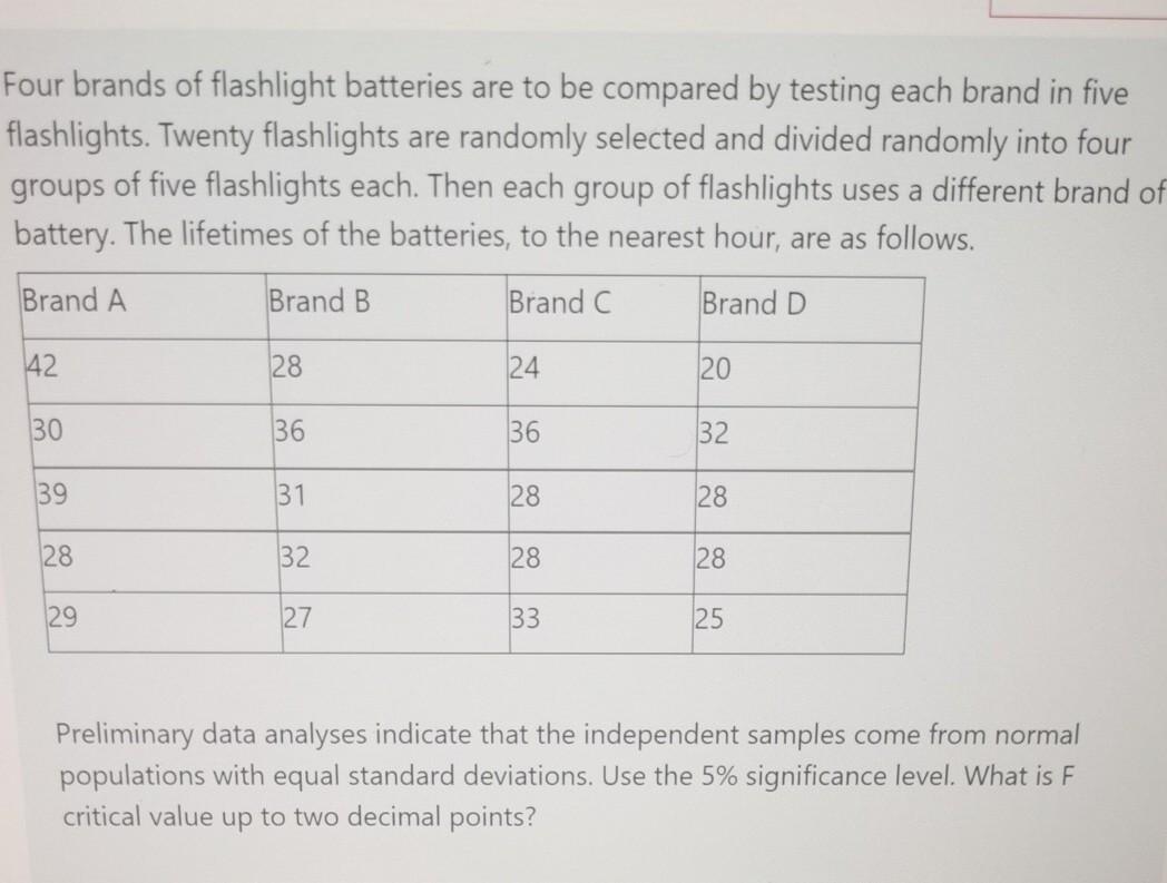 Four Brands Of Flashlight Batteries Are To Be Compared By Testing Each Brand In Five Flashlights Twenty Flashlights Are 1