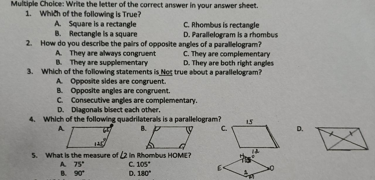 Multiple Choice Write The Letter Of The Correct Answer In Your Answer Sheet 1 Which Of The Following Is True A Squa 1