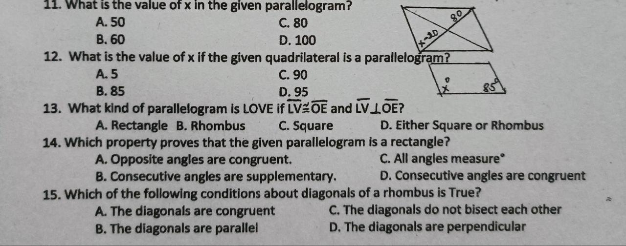 80 X 20 85 11 What Is The Value Of X In The Given Parallelogram A 50 C 80 B 60 D 100 12 What Is The Value Of X If 1