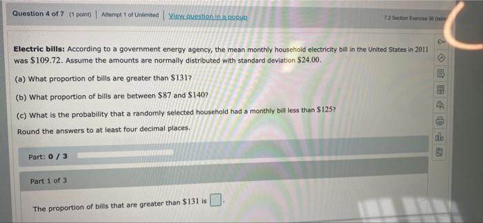 Question 4 Of 7 1 Point Altempt 1 Of Unlimited View Guestion In A Non 72 Section Eartable Electric Bills According To 1