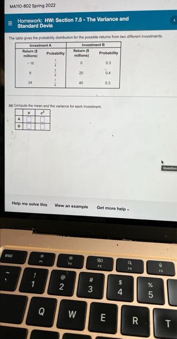 Ma110 B02 Spring 2022 Homework Hw Section 7 5 The Variance And Standard Devia Iii The Table Gives The Probability Dis 1