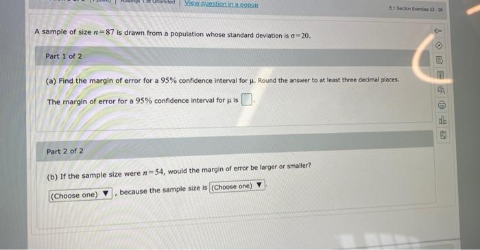 Of United View Suestion In 1 Section 35 38 A Sample Of Size N 87 Is Drawn From A Population Whose Standard Deviation Is 1