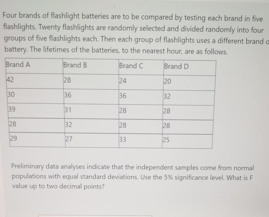 Four Brands Of Flashlight Batteries Are To Be Compared By Testing Each Brand In Five Flashlights Twenty Flashlights Are 1