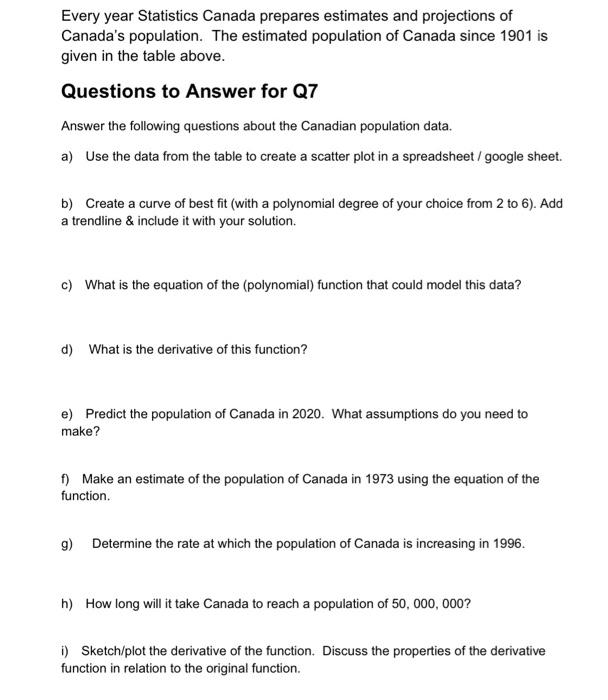 7 Modeling A Population Provide A Solution To This Modeling Problem 10 Marks Year 1901 Years Since 1901 To Canadian 2