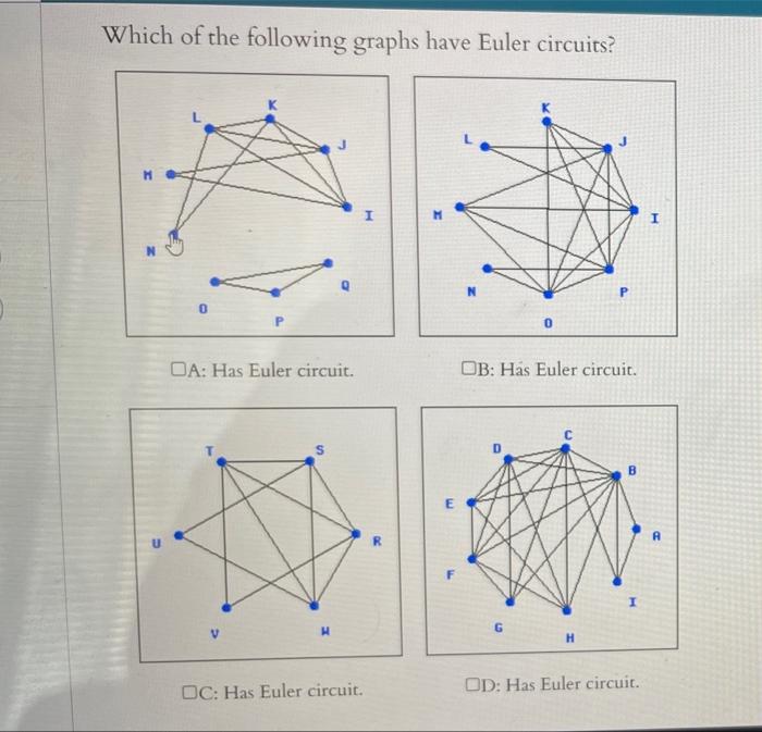 Which Of The Following Graphs Have Euler Circuits M I M I N O 0 Oa Has Euler Circuit Ob Has Euler Circuit S B U R I 1