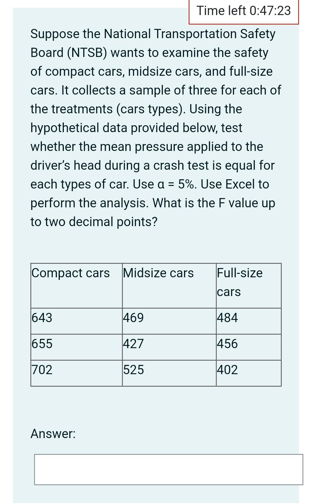 Time Left 0 47 23 Suppose The National Transportation Safety Board Ntsb Wants To Examine The Safety Of Compact Cars M 1