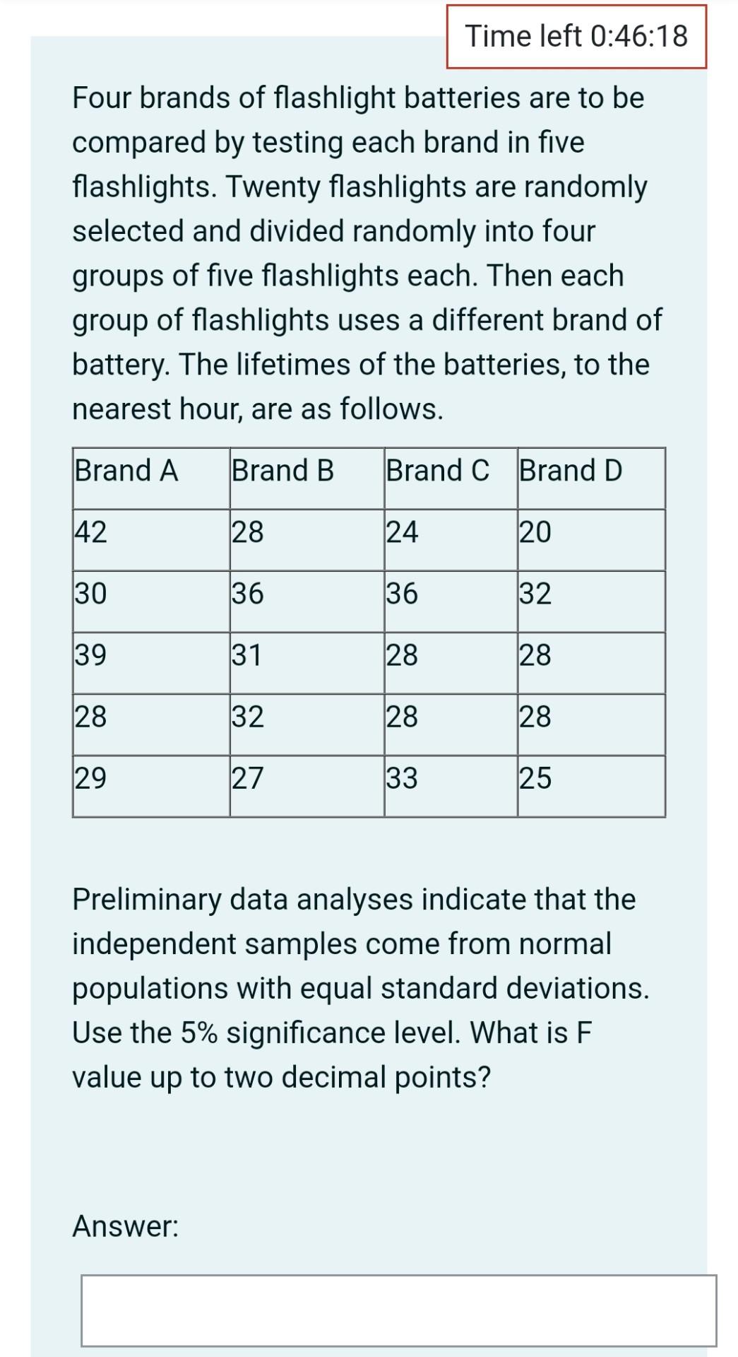 Time Left 0 46 18 Four Brands Of Flashlight Batteries Are To Be Compared By Testing Each Brand In Five Flashlights Twen 1
