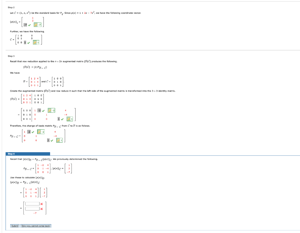 Step 2 Let C 1 X Be The Standard Basis For P Since P X 1 2x 7x We Have The Following Coordinate Vector 1