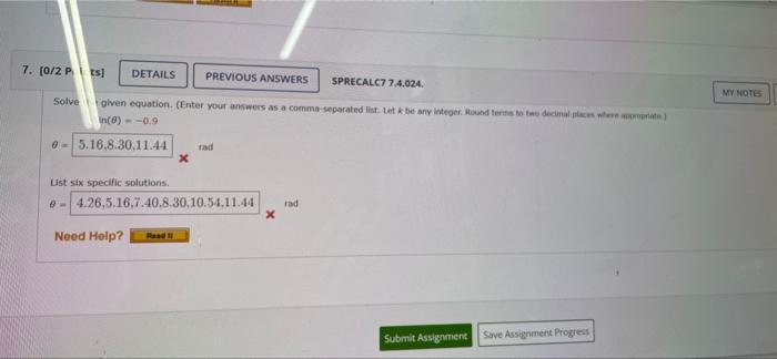 7 0 2 Pts Details Previous Answers Sprecalc77 4 024 My Notes Solve Given Equation Enter Your Answers As A Comma Sep 1