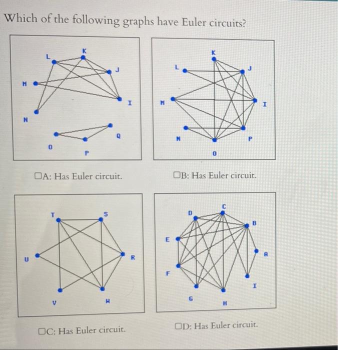 Which Of The Following Graphs Have Euler Circuits I I N P 0 Oa Has Euler Circuit Ob Has Euler Circuit S B E U R G V 1