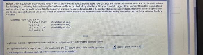 Burger Office Equipment Produces Two Types Of Desks Standard And Deluxe Deluxe Desks Have Oak Tops And More Expensive H 1
