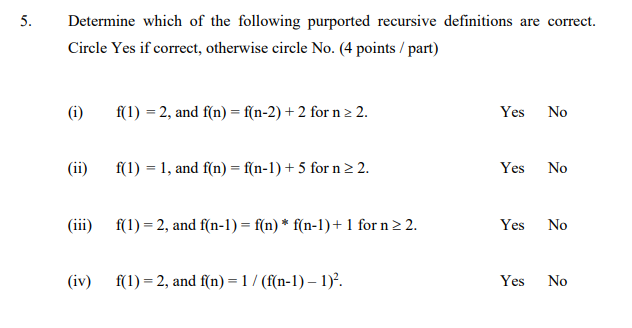 5 5 Determine Which Of The Following Purported Recursive Definitions Are Correct Circle Yes If Correct Otherwise Cir 1