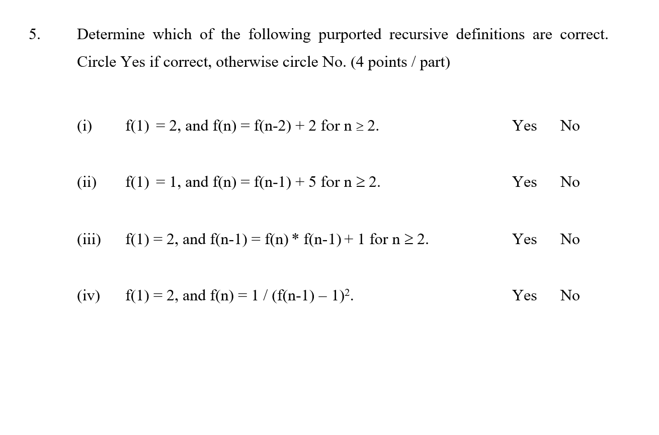 5 Determine Which Of The Following Purported Recursive Definitions Are Correct Circle Yes If Correct Otherwise Circle 1
