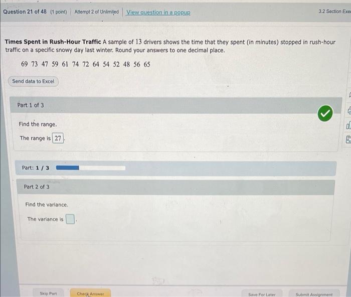 Question 21 Of 48 1 Point Attempt 2 Of Unlimited View Question In A Ropur 3 2 Section Exel Times Spent In Rush Hour Tr 2