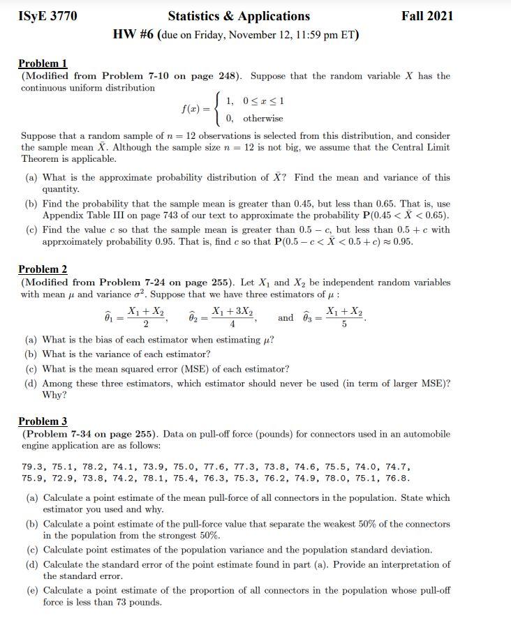 Isye 3770 Fall 2021 Statistics Applications Hw 6 Due On Friday November 12 11 59 Pm Et Problem 1 Modified Fr 1