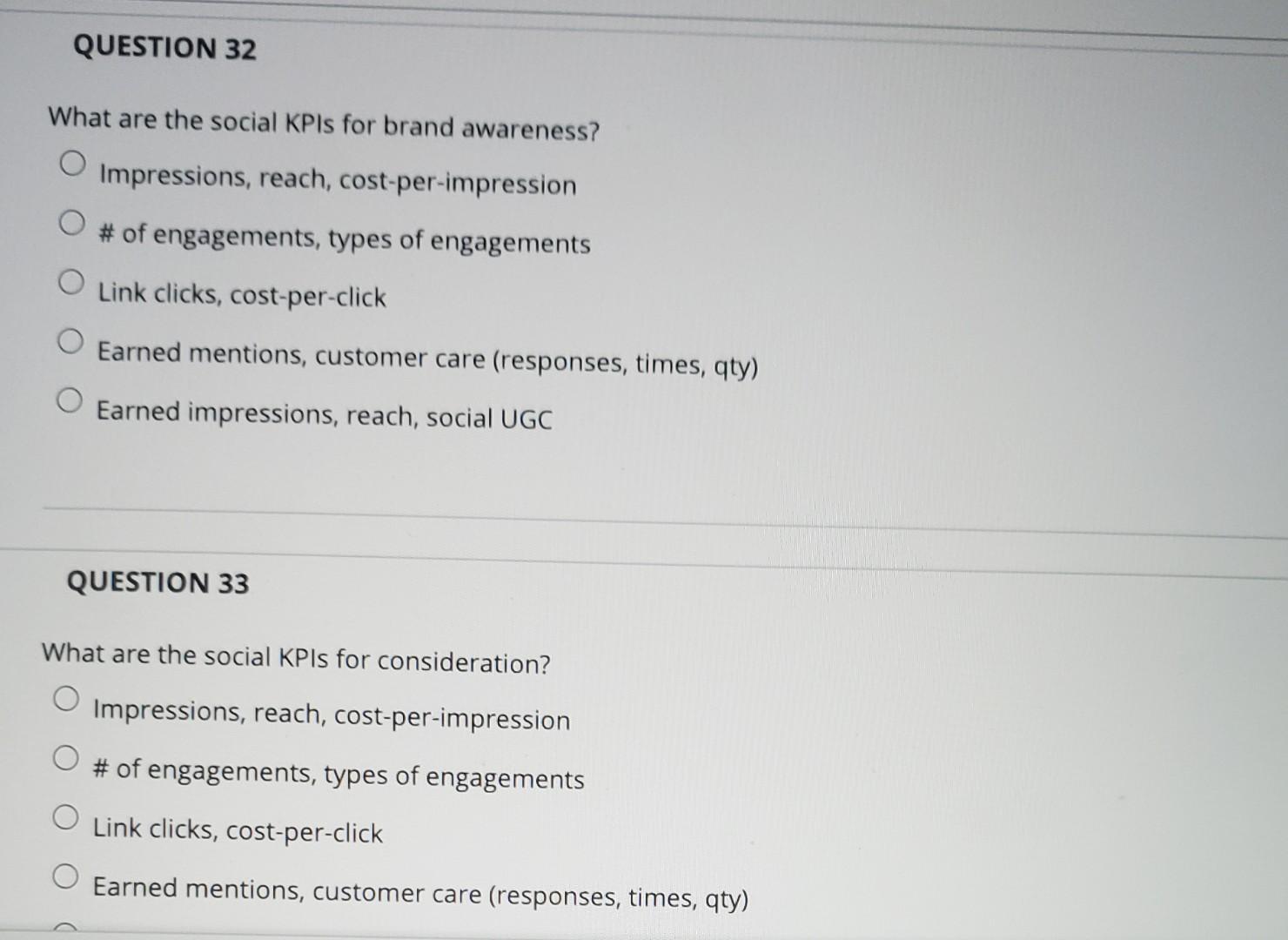Question 32 What Are The Social Kpis For Brand Awareness Impressions Reach Cost Per Impression Of Engagements Type 1