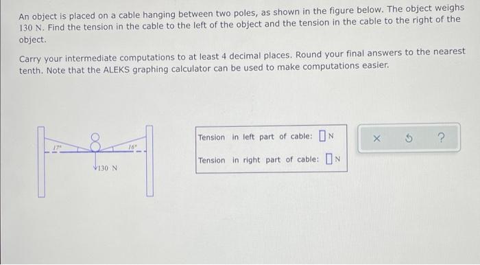 An Object Is Placed On A Cable Hanging Between Two Poles As Shown In The Figure Below The Object Weighs 130 N Find Th 1