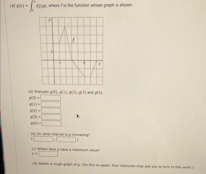 Let G X F Reydt Where F Is The Function Whose Graph Is Shown Y F 1 A Evaluate G 0 9 1 9 2 G 3 And G 6 9 1