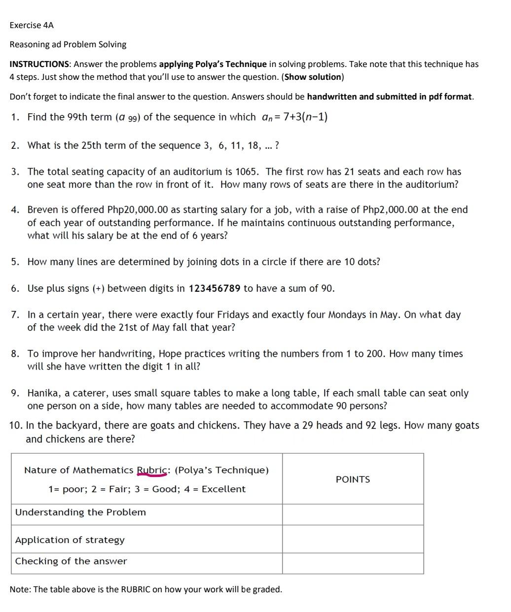 Exercise 4a Reasoning Ad Problem Solving Instructions Answer The Problems Applying Polya S Technique In Solving Problem 1