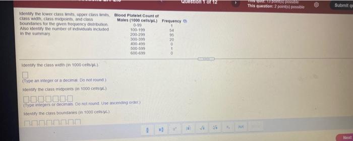 Udon Tor 12 Ps Posible This Question 2 Points Posible Submit Identify The Lower Class Limits Upper Class Mits Blood 1
