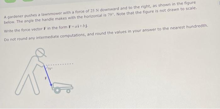 A Gardener Pushes A Lawnmower With A Force Of 25 N Downward And To The Right As Shown In The Figure Below The Angle Th 1