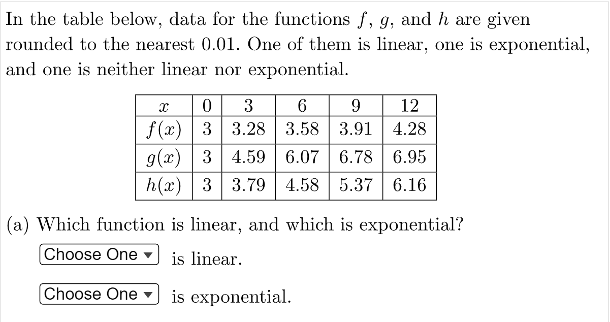 In The Table Below Data For The Functions F G And H Are Given Rounded To The Nearest 0 01 One Of Them Is Linear One 1