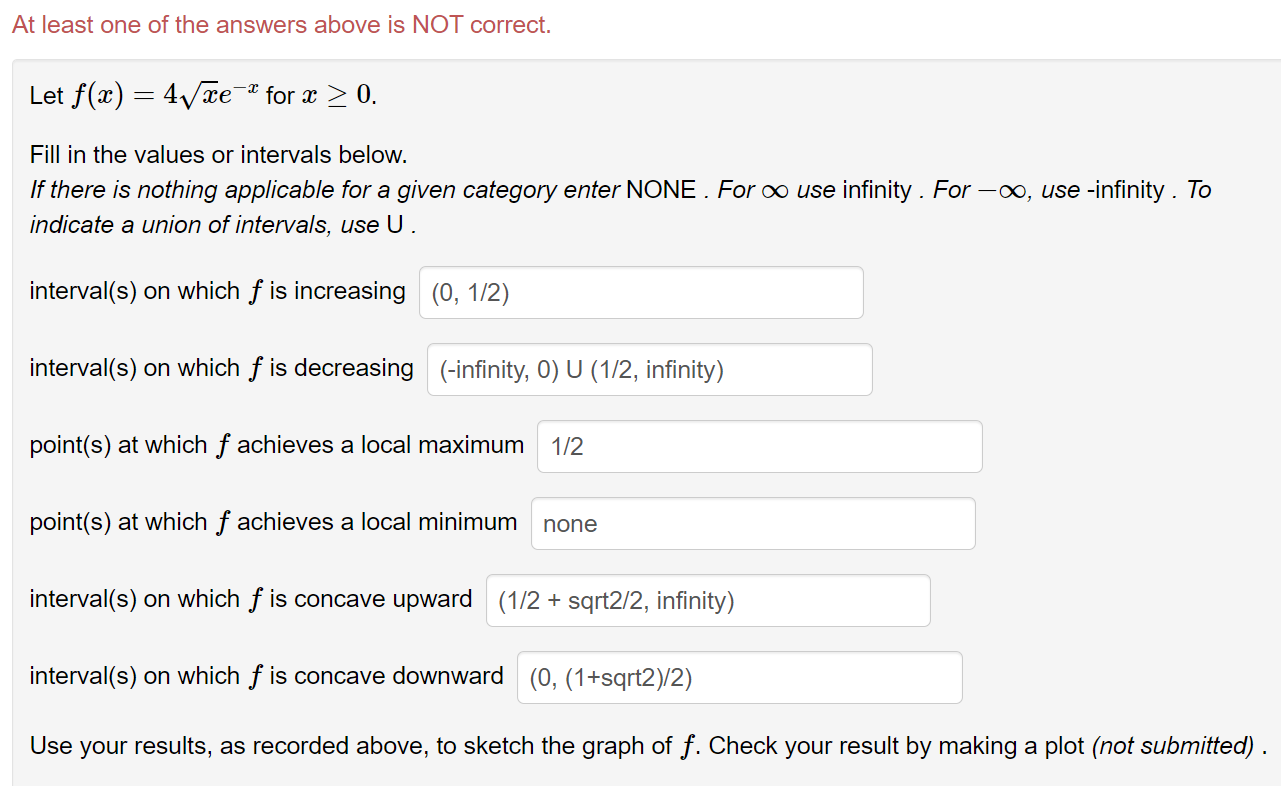 At Least One Of The Answers Above Is Not Correct Let F X 4vvel For X 0 Fill In The Values Or Intervals Below If 1