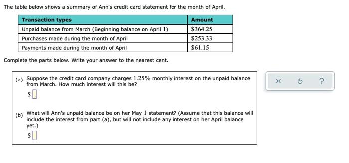 The Table Below Shows A Summary Of Ann S Credit Card Statement For The Month Of April Transaction Types Amount Unpaid B 1