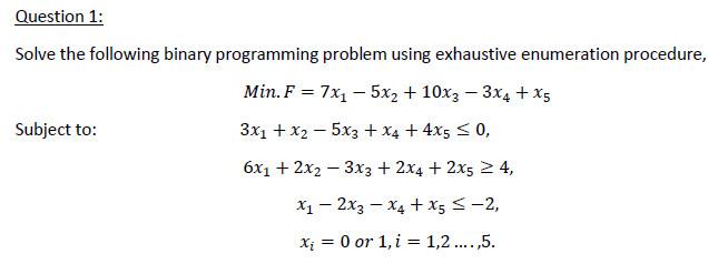 Question 1 Solve The Following Binary Programming Problem Using Exhaustive Enumeration Procedure Min F 7x1 5x2 1