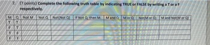2 17 Points Complete The Following Truth Table By Indicating True Or False By Writing A Tor A F Respectively Not Q No 1