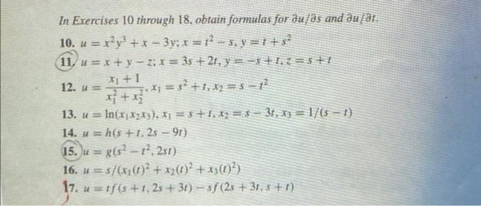 In Exercises 10 Through 18 Obtain Formulas For Dulas And Du Ar 10 U Ry 3y X 12 S Y 1 3 11 U X Y Z 1