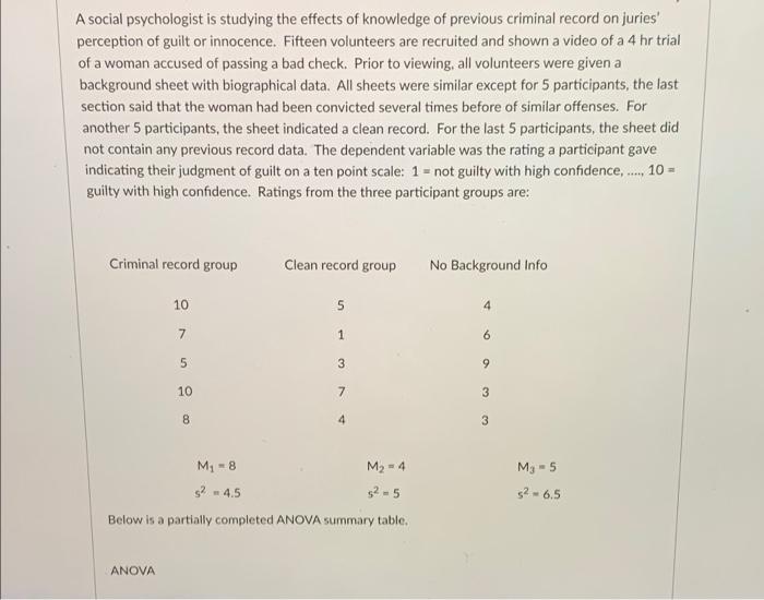 A Social Psychologist Is Studying The Effects Of Knowledge Of Previous Criminal Record On Juries Perception Of Guilt Or 1