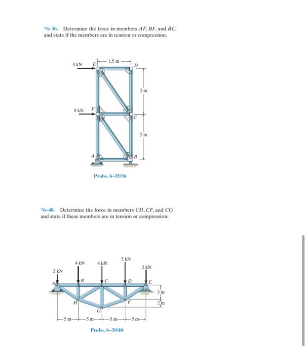 6 36 Determine The Force In Members Af Bf And Bc And State If The Members Are In Tension Or Compression 1 5 M 4 Kn 1