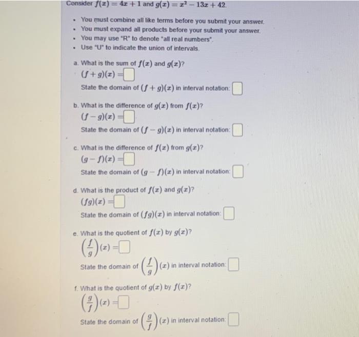 Consider F X 4x 1 And G I 13z 42 You Must Combine All Like Terms Before You Submit Your Answer You M 1