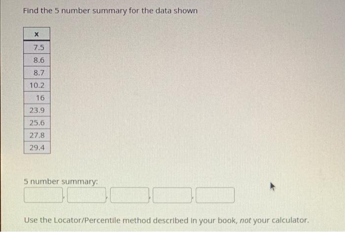 Find The 5 Number Summary For The Data Shown 7 5 8 6 8 7 10 2 16 23 9 