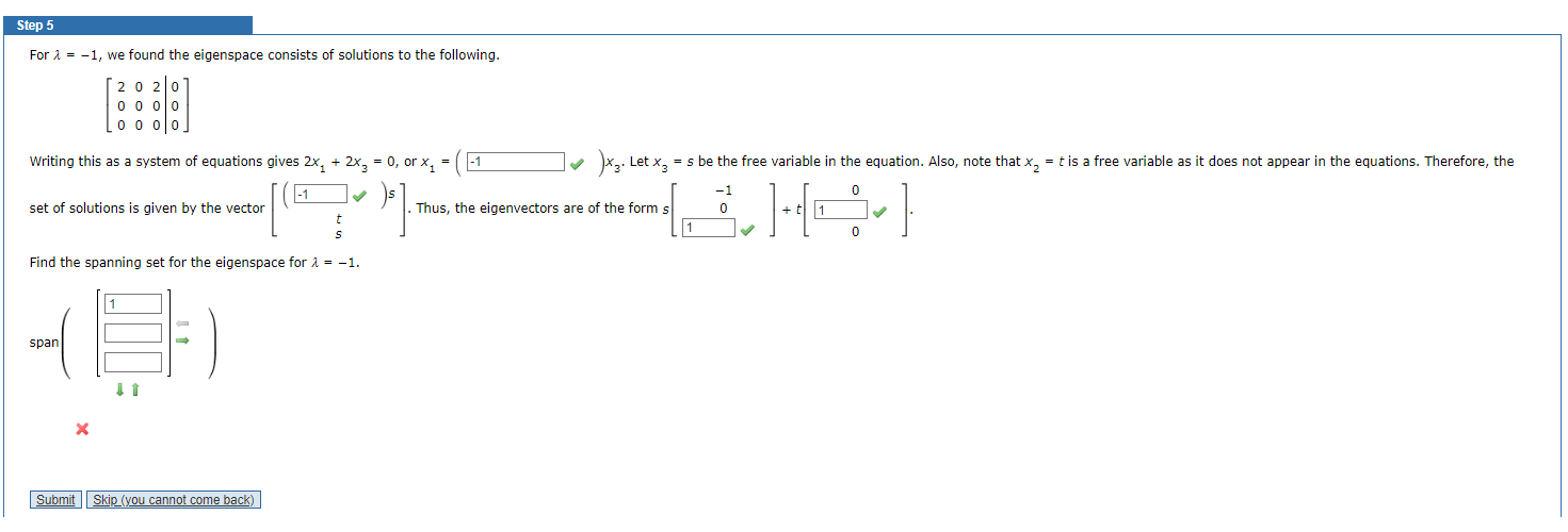 Step 5 For 1 1 We Found The Eigenspace Consists Of Solutions To The Following 20210 0 0 0 0 0 0 0 0 Jxz Let X2 1