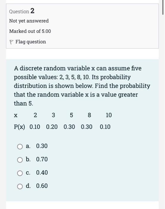 Question 2 Not Yet Answered Marked Out Of 5 00 Flag Question A Discrete Random Variable X Can Assume Five Possible Value 1