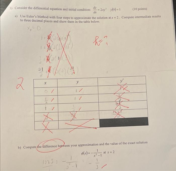 5 Consider The Differential Equation And Initial Condition Dy 2xy Y 1 10 Points Dx A Use Euler S Method With F 1
