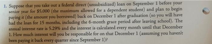 1 Suppose That You Take Out A Federal Direct Unsubsidized Loan On September 1 Before Your Senior Year For 5 000 The 1