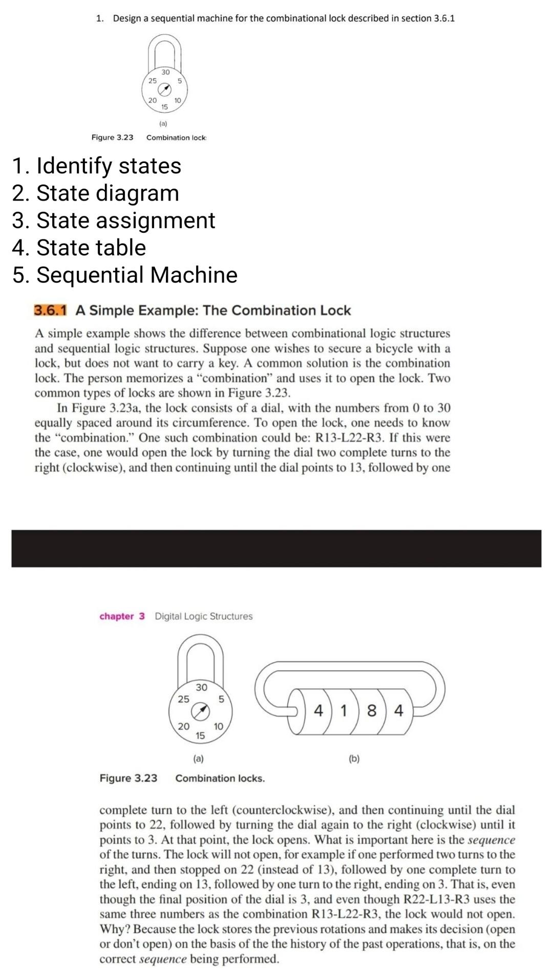 1 Design A Sequential Machine For The Combinational Lock Described In Section 3 6 1 30 25 5 20 10 15 A Figure 3 23 Co 1