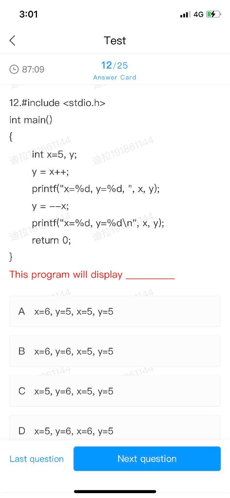 3 01 L 4g Test 12 25 C 87 09 Answer Card 12 Include Stdio H Int Main Int 61144 X 5 Y 191861144 Y X Printf 1