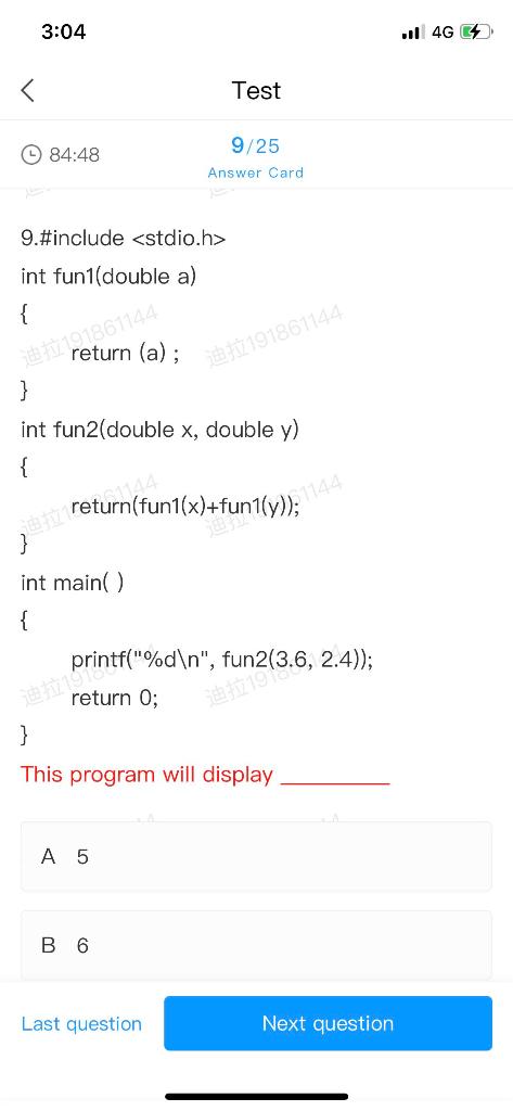 3 04 L 4g Test 84 48 9 25 Answer Card 9 Include Stdio H 101861144 Int Fun1 Double A Return A Int Fun2 Double 1