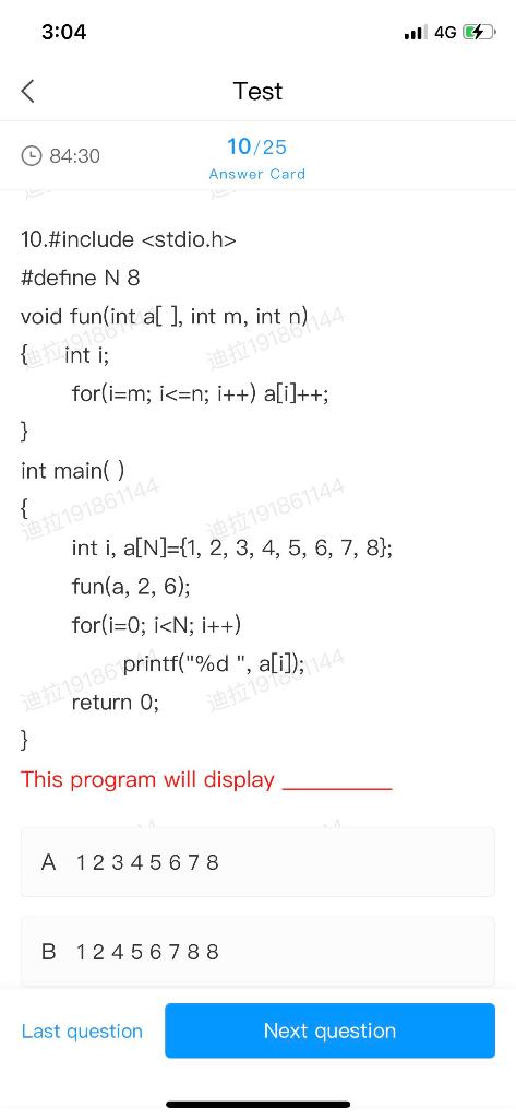 3 04 L 4g Test 10 25 84 30 Answer Card 10 Include Stdio H Define N 8 Void Fun Int A Int M Int I For I M I 1