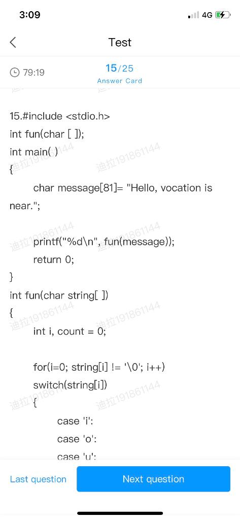 3 09 4g G Test 15 25 79 19 Answer Card 15 Include Stdio H Int Fun Char Int Main 2191861144 Char Message 81 1
